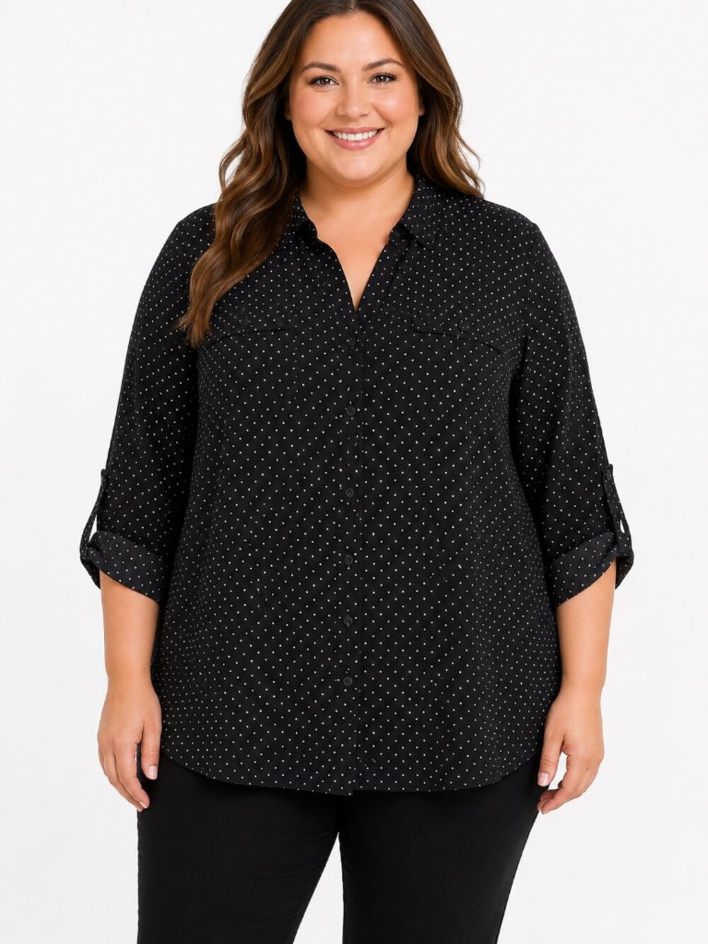Notation 2X Black White Polka Dot Button Blouse Collar 3/4 Tab Sleeve Officewear